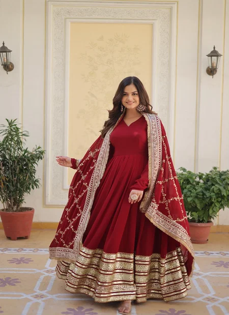 KA 1082 Faux Blooming With Embroidery Zari Sequins Work Gown With Dupatta Wholesale Online